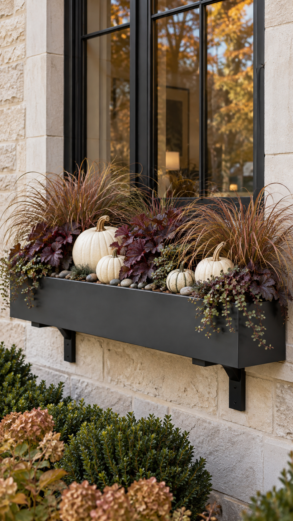 Neutral fall window box with white pumpkins, green striped gourd, ornamental grasses, burgundy foliage, trailing greenery, gray pebbles, black planter, cream stone wall, and modern exterior