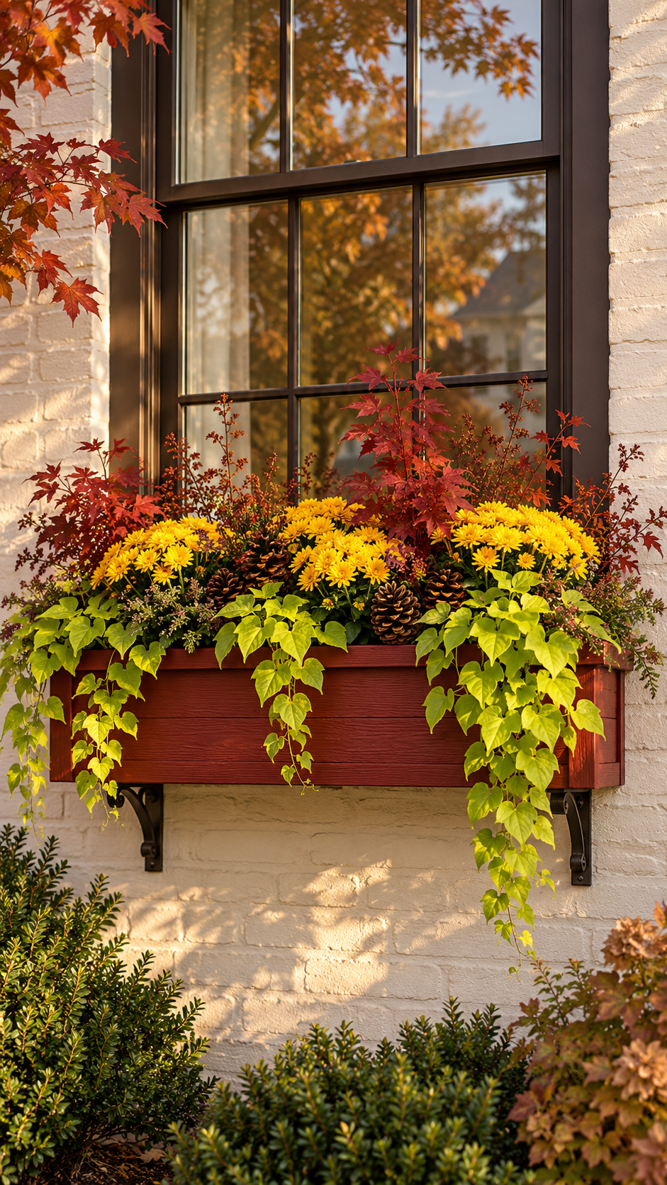 Fall window box with yellow chrysanthemums, burgundy foliage, red maple leaves, berries, pinecones, trailing chartreuse greenery, wooden planter, black brackets, and white brick exterior