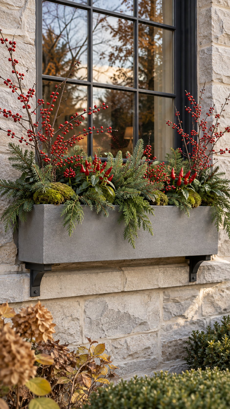 Fall window box with red berry branches, evergreen foliage, green moss, ornamental peppers, glossy leaves, gray concrete planter, stone exterior, and black framed window