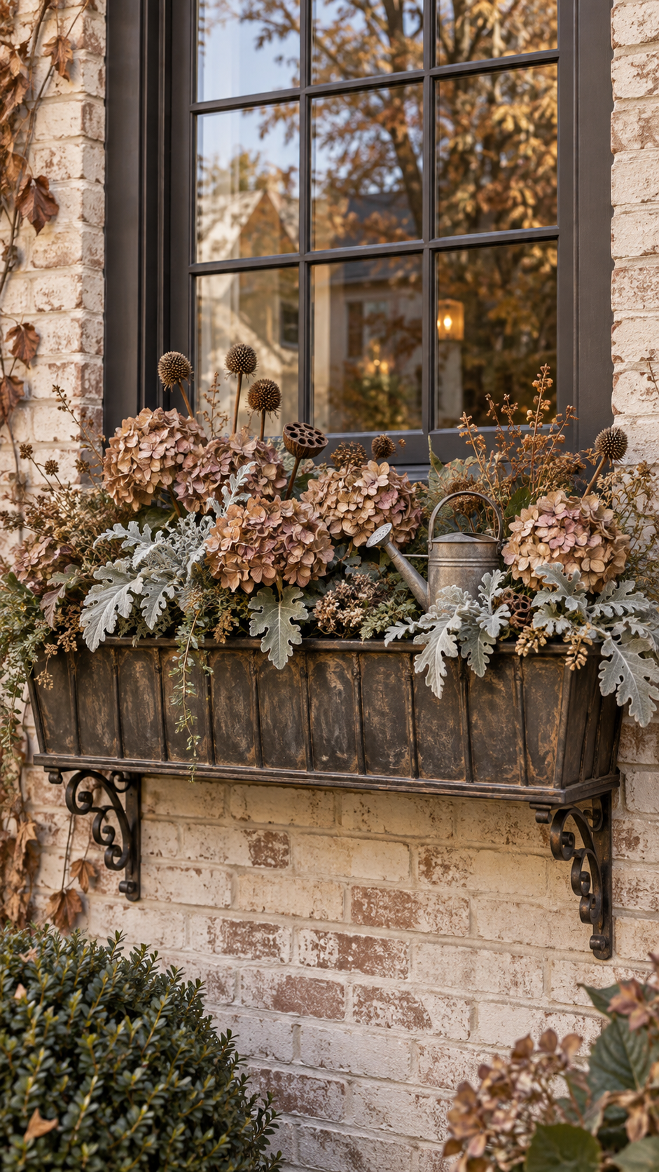 Vintage fall window box with dried hydrangeas, dusty miller, seed pods, branches, trailing greenery, miniature watering can, bronze planter, black window frame, and white brick exterior
